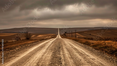 Professional image of a long, forsaken road, the dull browns of the surrounding fields and overcast sky creating a mood of isolation and neglect photo