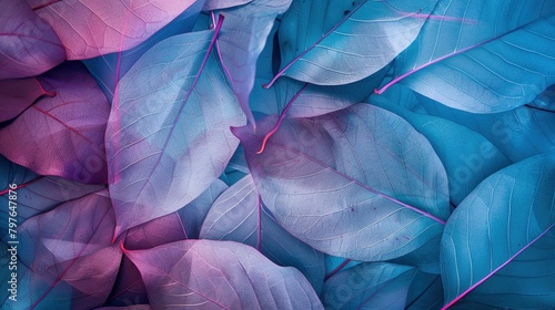 The image is of a pile of leaves that have been digitally edited to appear blue and purple. The leaves have different shapes and sizes and are overlapping each other.