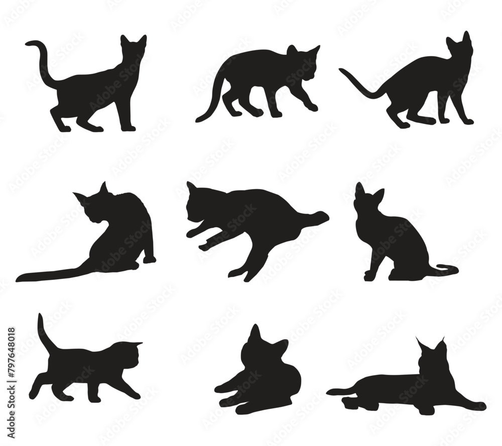 Cat silhouette collection. Set of black cat silhouette. Kitten silhouette collection. Cat silhouette set vector illustration.