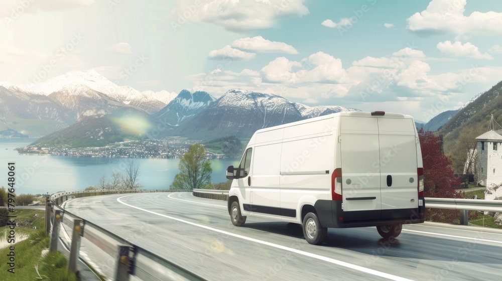 White delivery van driving on a curvy road with picturesque mountain scenery in the background. White delivery van driving on a curvy road with picturesque mountain scenery in the background.