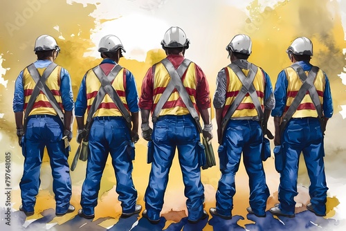 Labor Day Concept. Watercolor painting of labour force standing together, back view.