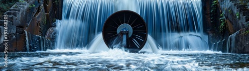 Professional advertising image of an ingenious small turbine set against the backdrop of a waterfall, with vibrant cool blues emphasizing sustainability photo
