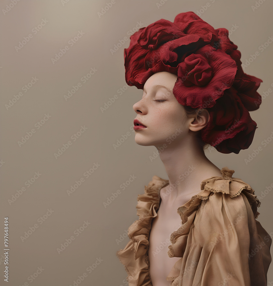 Fashion surreal Concept. Pale androgynous man of female victorian vintage historical era fashion with elaborate hat bonnet and coat outfit. copy text space