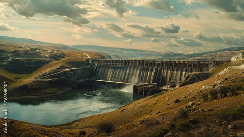 Powerful dam and hydroelectric station framed by the earthy browns of the rugged landscape, captured in a dramatic advertising shoot