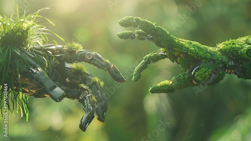 A photo of two hands reaching towards each other. The hands are covered in moss and reaching out from opposite sides of the frame.