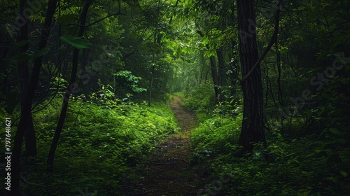 Path winding through a secluded forest, the deep greens of the surrounding foliage enhancing the mysterious and secretive atmosphere