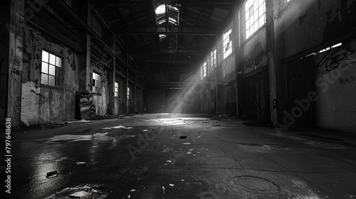 Abandoned old warehouse interior, dark, industrial, dirty, black and white