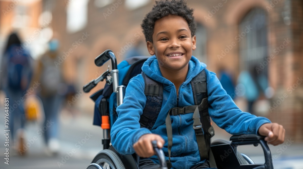 A young boy in a wheelchair smiling while riding down the street, AI A young boy in a wheelchair smiling while riding down the street, AI