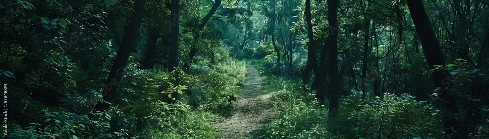 Fototapeta premium Mysterious secluded forest captured in deep greens, the dense foliage and shadowed paths creating an enigmatic allure in this advertising shoot