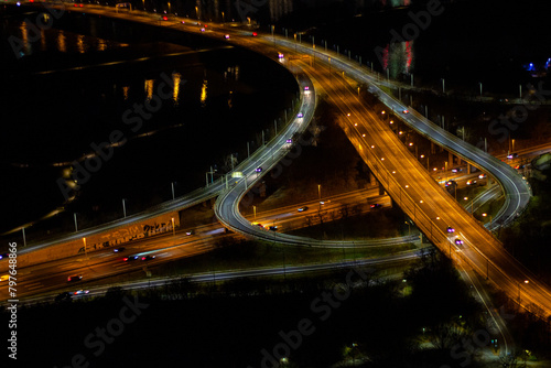 Flyover and road interchange at Brigittenauer Brücke over the New Danube River. View from the observation deck of the Danube Tower at night, Vienna, Austria