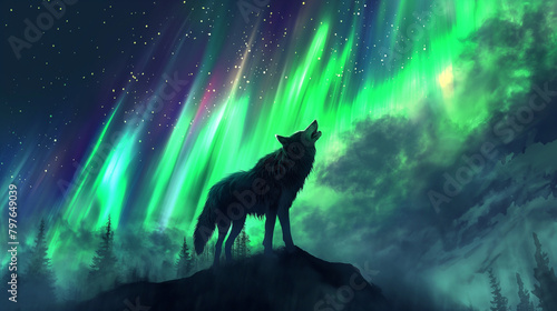 A wolf is standing on a rock and howling at the night sky. The sky is filled with bright green and blue auroras.