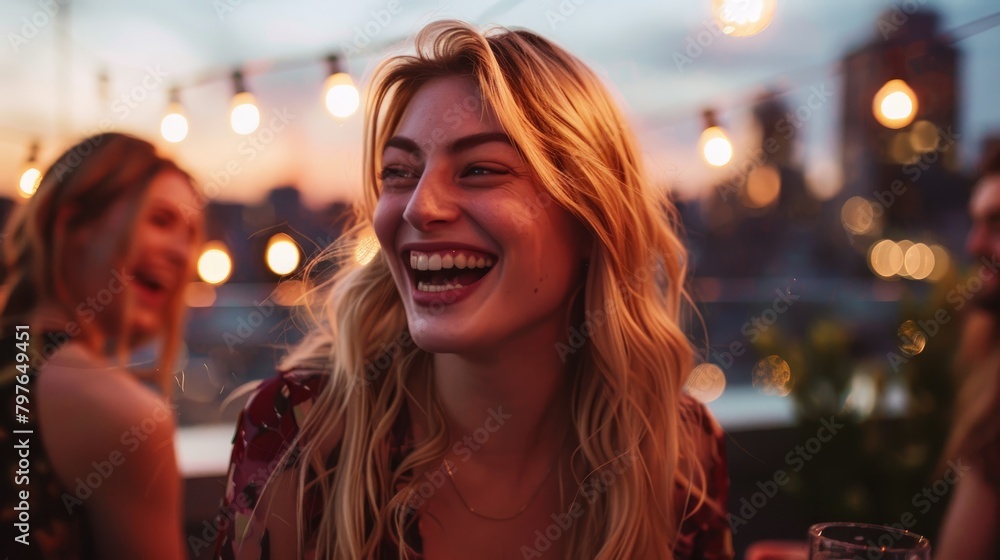 A blonde woman joyfully laughs while seated at a table, surrounded by friends in a vibrant rooftop party setting with city lights in the background