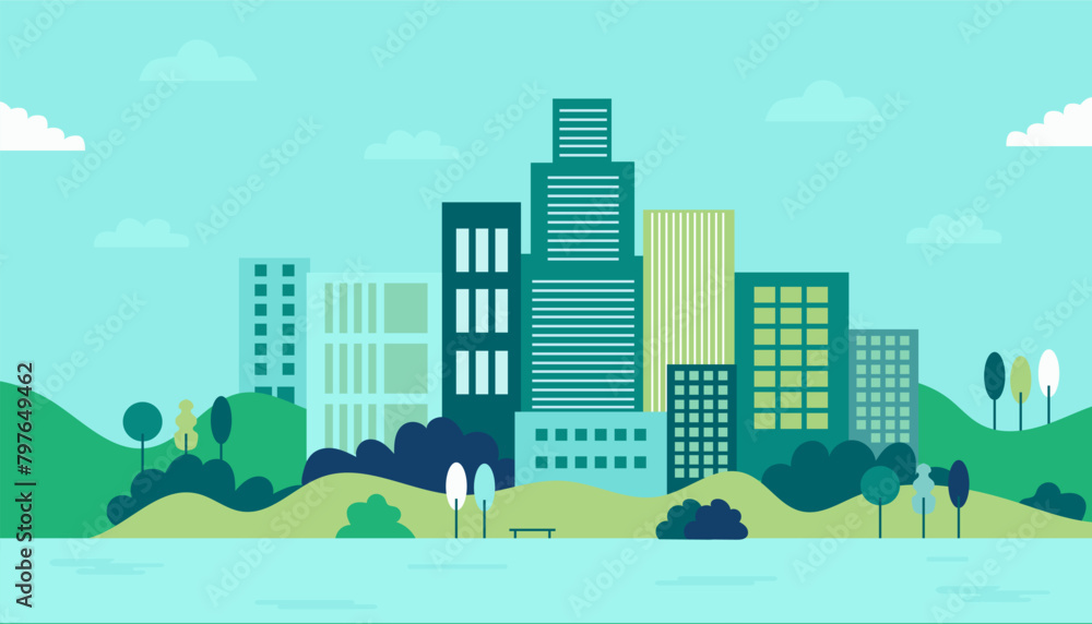 Simple, minimal geometric flat style vector illustration depicting a city landscape with buildings, hills, and trees. Ideal as an abstract horizontal banner or background.