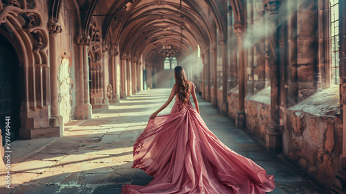 A luxurious beauty lady in a long pink dress in a road