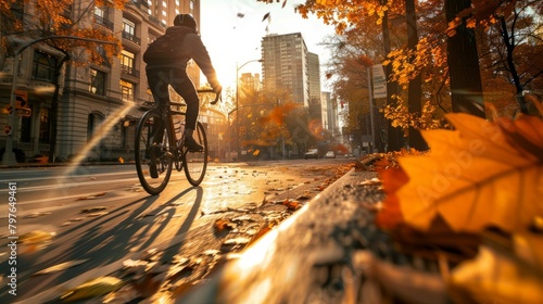 A man on a bike rides down a city street lined with tall buildings, with autumn leaves swirling around him