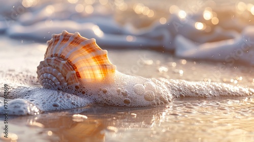 A closeup of a seashell half-buried in wet sand with water droplets on its surface, with foamy waves receding in the background