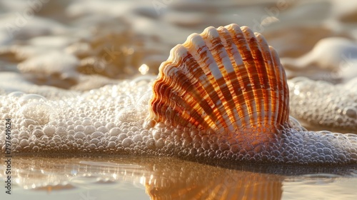 A seashell lies on the wet sand as foamy waves recede in the background on a beach