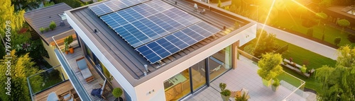 High angle view of sleek silver solar panels installed on a modern home rooftop, highlighting sustainable energy solutions in suburban setting