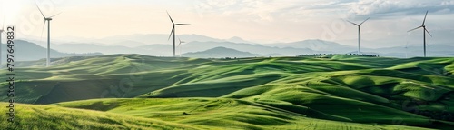 Harmonious landscape featuring wind turbines amidst rolling hills covered in soft green foliage, highlighted in a daylight shoot