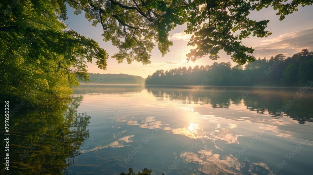 Fototapeta premium Gentle morning light over a peaceful, secluded lake, the crystalclear waters enhancing the calm and inviting atmosphere