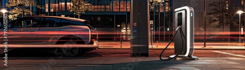 Futuristic electric charging station with a modern design in sleek silver, showcased in an urban environment for an advertising shoot