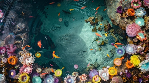 Colorful fish swimming in a group around a vibrant coral reef in a tide pool filled with marine life