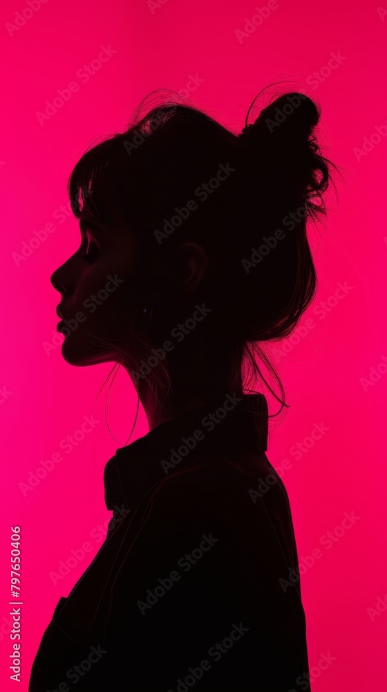 Anti-light profile female model with red background.