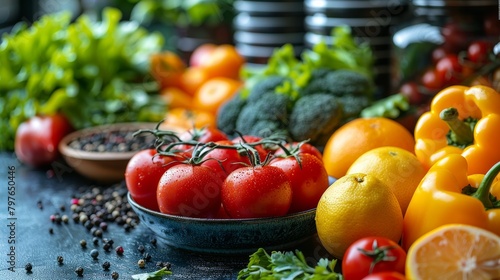 Abundance of Fruits and Vegetables on a Table. Generative AI