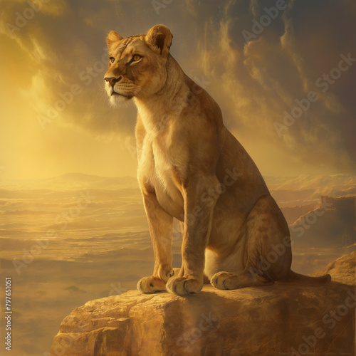A lioness is sitting on a rock outcropping. The background is a hazy yellow. The lioness is looking off to the side.

 photo