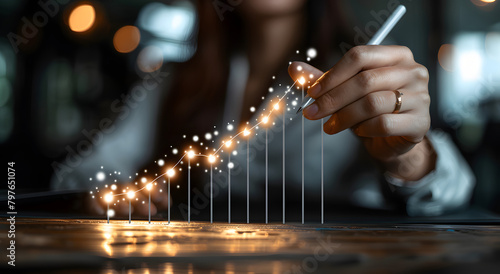 Businesswoman drawing arrow up on a bar graph showing upward growth and a rising market, business growth financial success concept