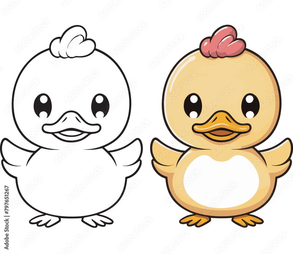 Cute cartoon character duck with lines and colorful coloring pages. Cute cartoon character duck with lines and colorful coloring pages.