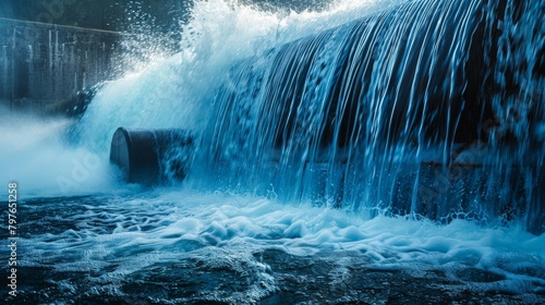 Closeup view of a small, cleverly designed turbine at a waterfall, enhanced by the cool blue tones of the splashing water