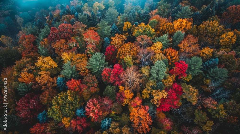A birds eye perspective of a forest during autumn, filled with trees displaying shades of red and orange foliage