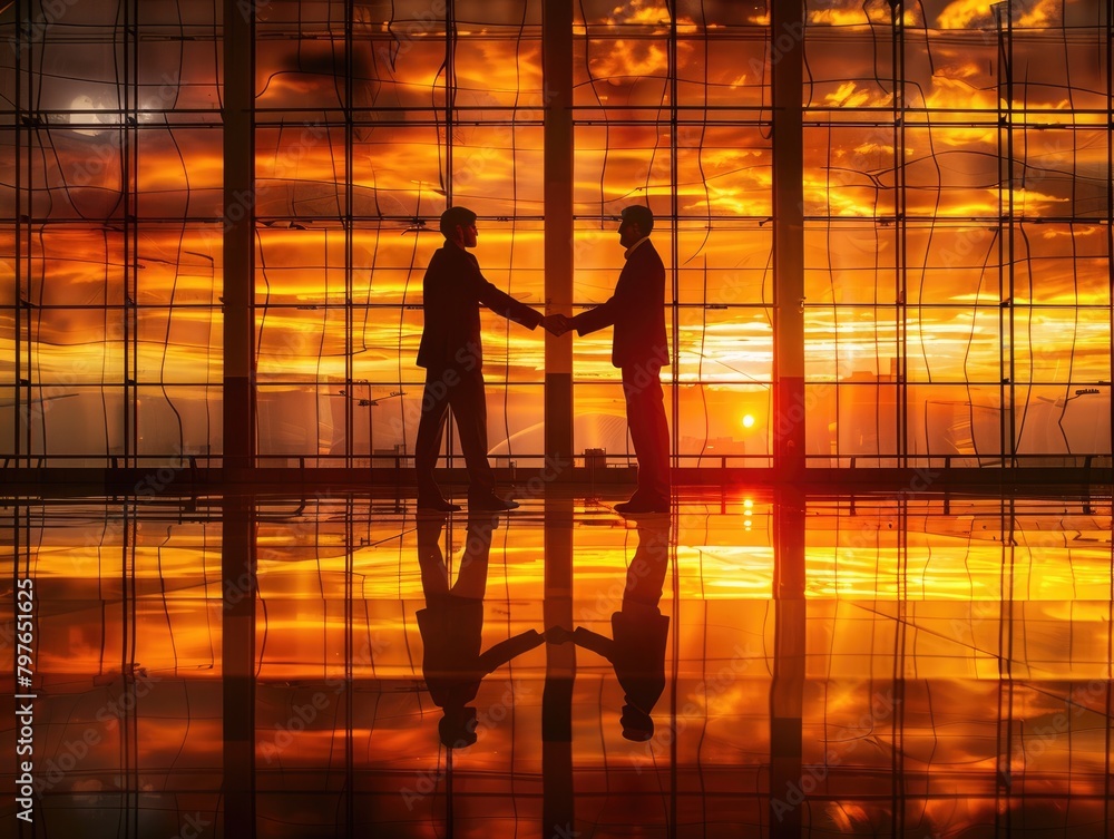 Two business men shaking hands in the airport lobby at sunset Two business men shaking hands in the airport lobby at sunset