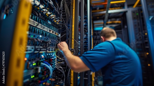 A technician is actively working on a server in a server room filled with computer equipment