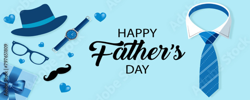 Father's Day Sale poster or banner template with necktie, glasses, hat, moustache, watch, hearts and gift box. Promotion and shopping template for love dad concept.