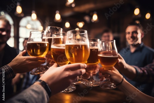 Group of friends toasting with beer in pub  close-up. Group of friends clinking glasses of beer at bar or pub. pub concept with copy space. 