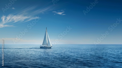 A sailboat sails across the ocean on a sunny day, with billowing sails under the clear blue sky