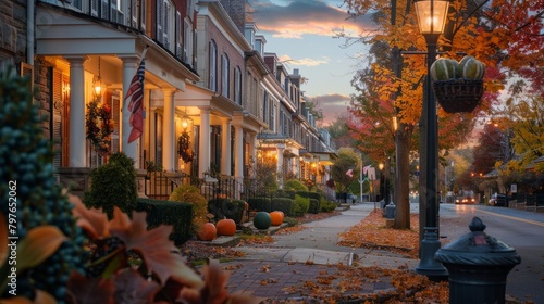 A row of townhouses along a city road, with fall leaves covering the ground in front of them © Ilia Nesolenyi