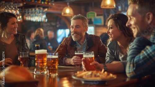 Friends engaged in lively conversation, sitting around a bar, enjoying beer in a pub setting