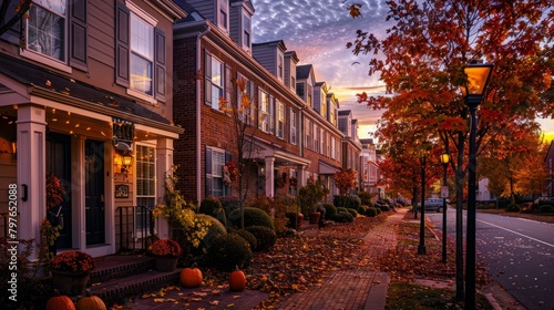 Row of townhouses in autumn with fallen leaves on the ground