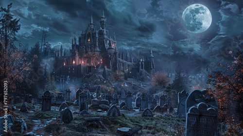 A castle, illuminated by a full moon, stands in the background of a cemetery at night