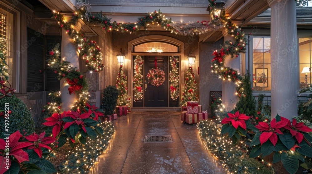 A house adorned with Christmas lights and poinsettias, creating a festive and colorful display