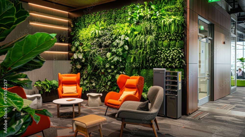 A wide-angle shot of a communal area in an eco-friendly office, featuring a green wall and comfortable orange chairs made from recycled materials