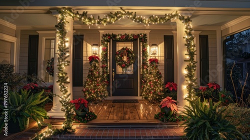 A house adorned with festive Christmas wreaths and twinkling lights, creating a warm and inviting holiday atmosphere
