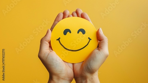a image showcasing the intricate details of two hands clasping a yellow paper smiley face with care, set against a seamless, vibrant yellow background, exuding positivity and cheerfulness