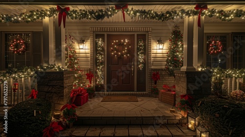 A house is decorated with sparkling Christmas lights and festive wreaths, creating a cheerful holiday atmosphere