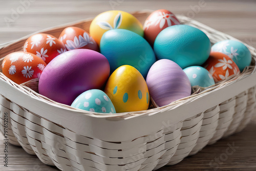 Painted chicken eggs in a wicker basket on a white table. Easter concept