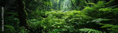 Closeup photo of the lush  deep green undergrowth in a secluded forest  highlighting the mysterious and wild nature of the environment