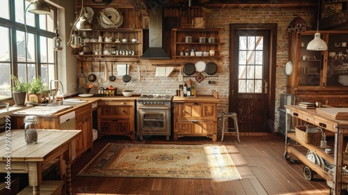 Farmhouse-style kitchen with rustic wooden cabinets, exposed brick walls, and vintage-inspired decor © Ilia Nesolenyi